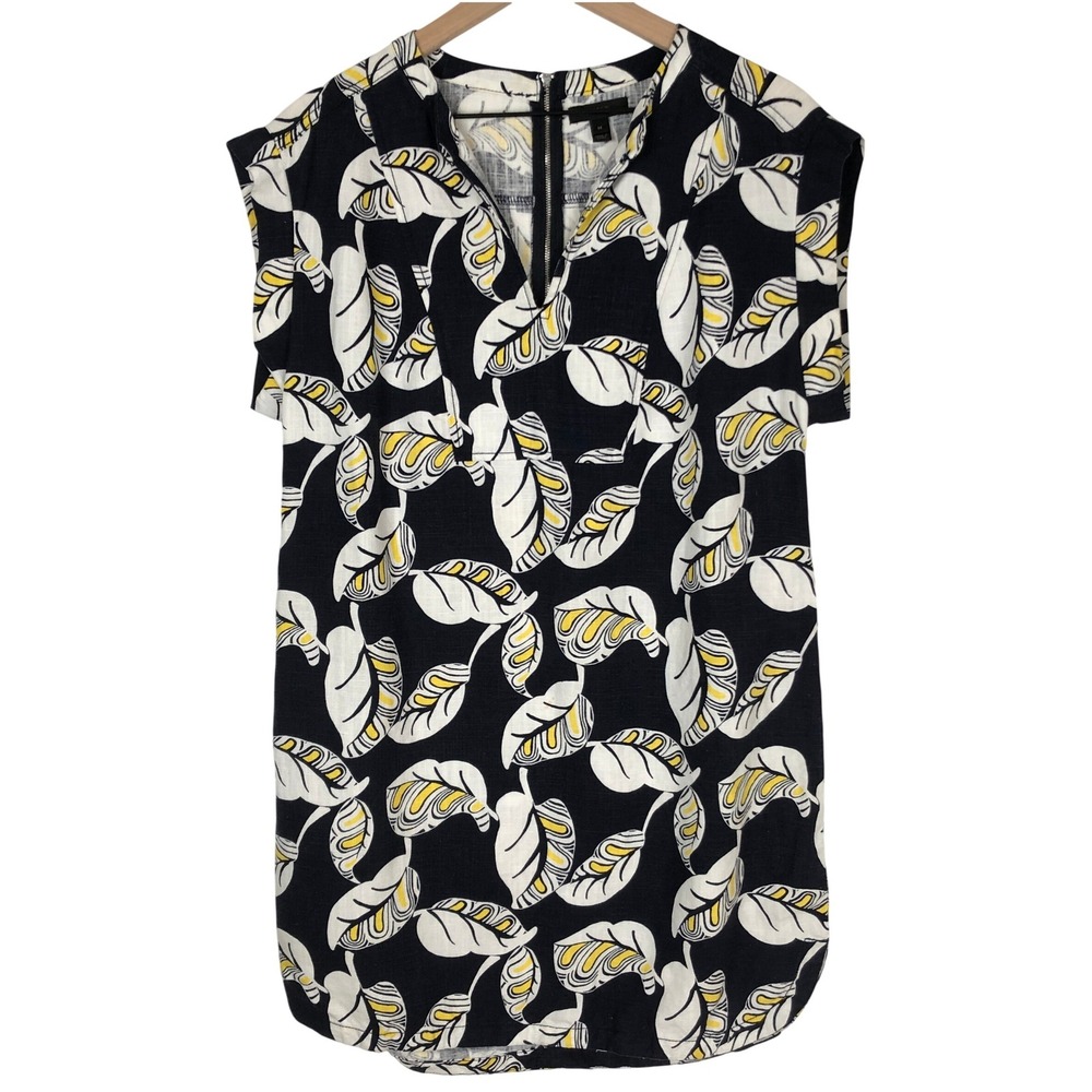 J.CREW Linen Blend Leaf Print Shift Dress Sz M Navy Yellow Notch C6097